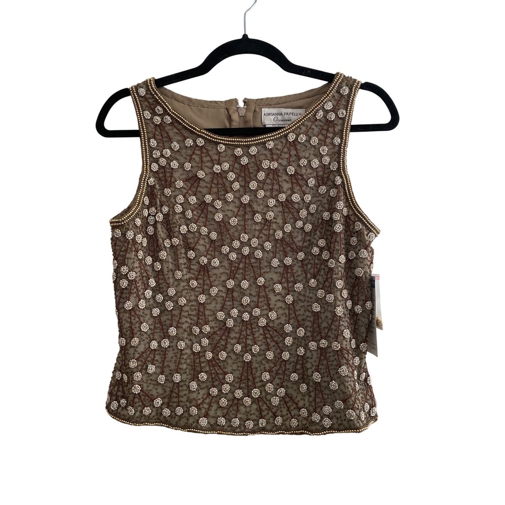 NWT Adrianna Papell Occasions Silk Beaded Top Taupe Gold Petite 6 - Picture 2 of 8